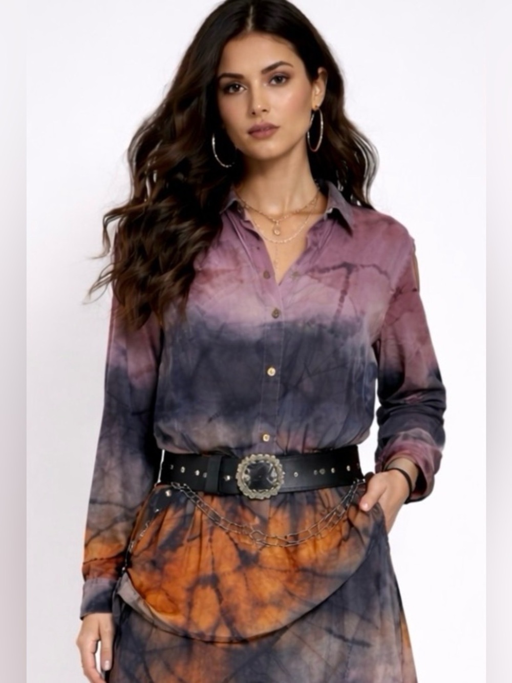 Johnny Was Calme’ Tie-Dye Skirt Set Burgundy, Mauve, Black, Gray, Gold & Orange